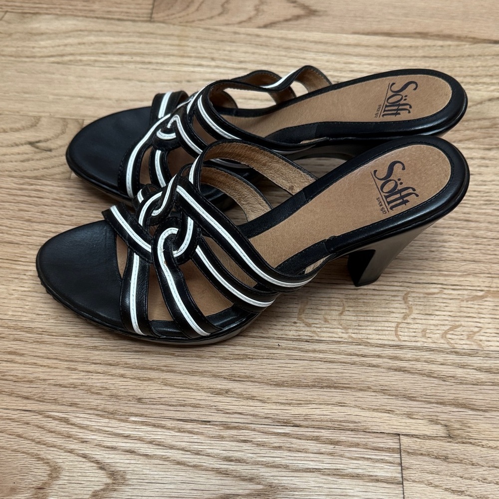 Women's Black and White Heeled Sandals - Picture 4 of 7